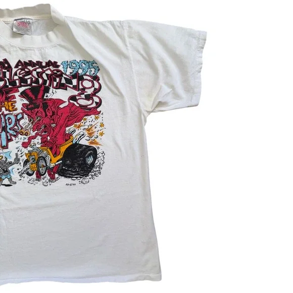 Vintage Oneita Power T Shirt Men Large White 1995 Blessing of the Cars Rat Fink - Picture 2 of 8